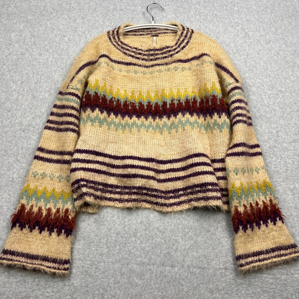 Free People Fair Isle Knit Sweater Women's Small Beige Wool Crew Boho Festival